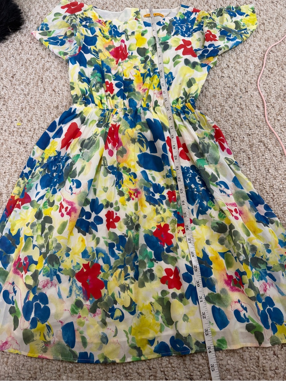 Alice + Olivia Floral Midi Dress in White, Blue, Red, Yellow, Green SP - Picture 4 of 5